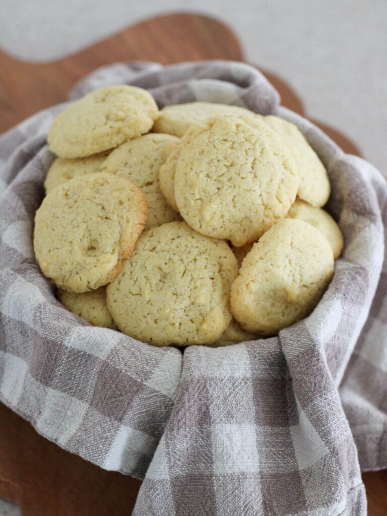 Healthier Homemade Vanilla Wafers in a plaid lined napkin bowl 