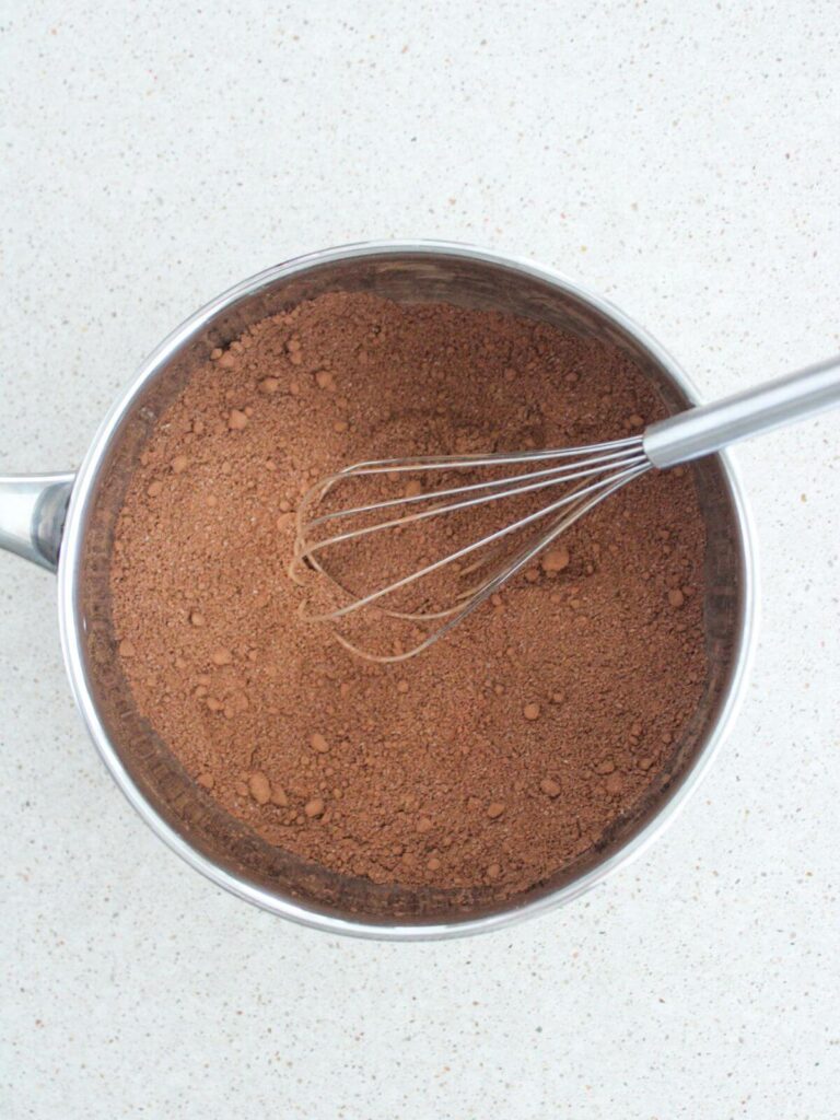 whisking together the cocoa powder, cane sugar and salt in a stainless steel saucepan with a stainless steel whisk