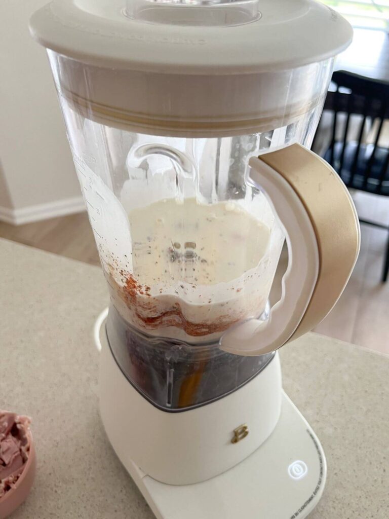 Eggs, heavy cream, cottage cheese and spices in a blender to make creamy. 