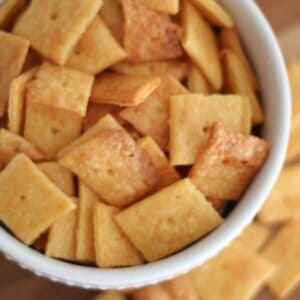 Easy Homemade Cheese Crackers in a white bowl ready to eat.