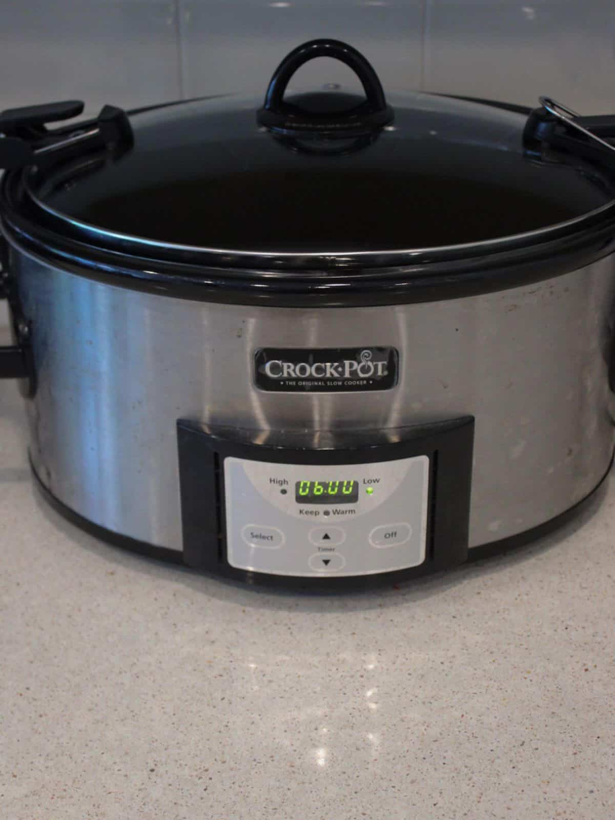 Chicken and rice soup cooking in a crockpot for 6 hours.