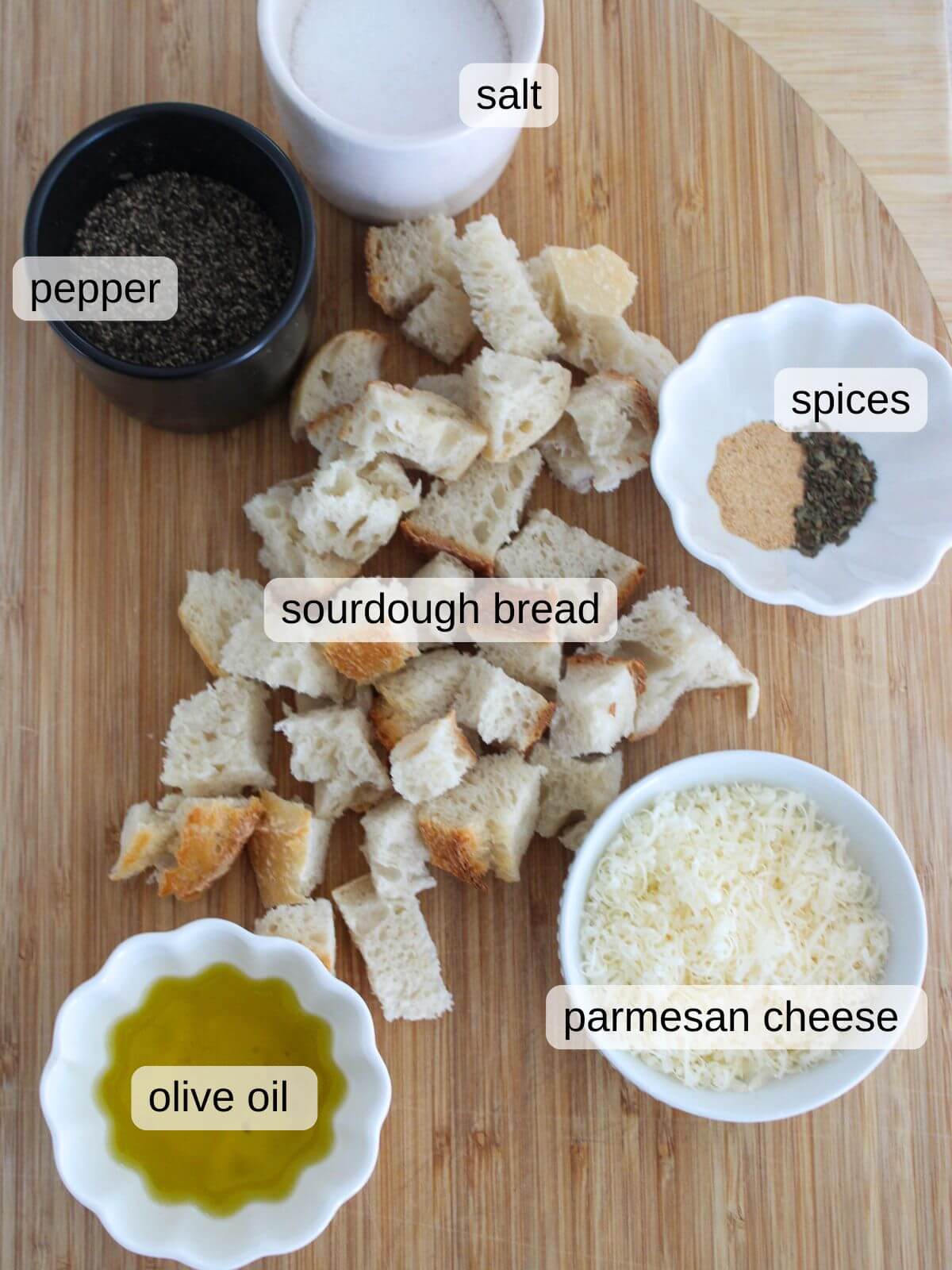 flat lay of the ingredients needed for the cheesy croutons