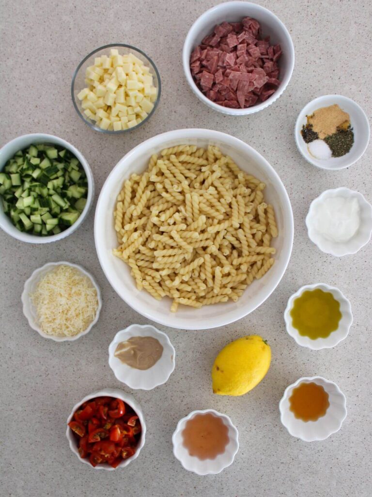 a flat lay of the ingredients needed for the recipe in different size bowls