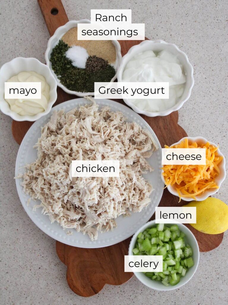 a flat lay of the ingredients needed for the ranch chicken salad